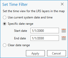 Set Time Filter dialog box, Specific date range option