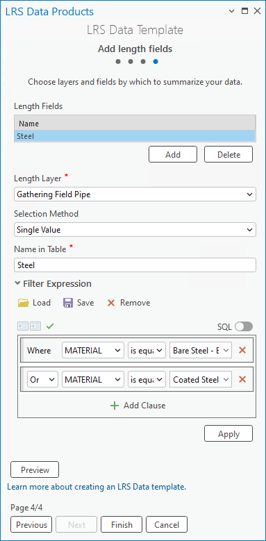 The first length field is set in the fourth pane of the LRS Data Template wizard.