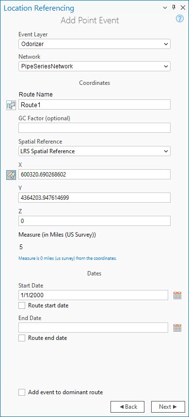 Add Point Event pane with coordinate selections