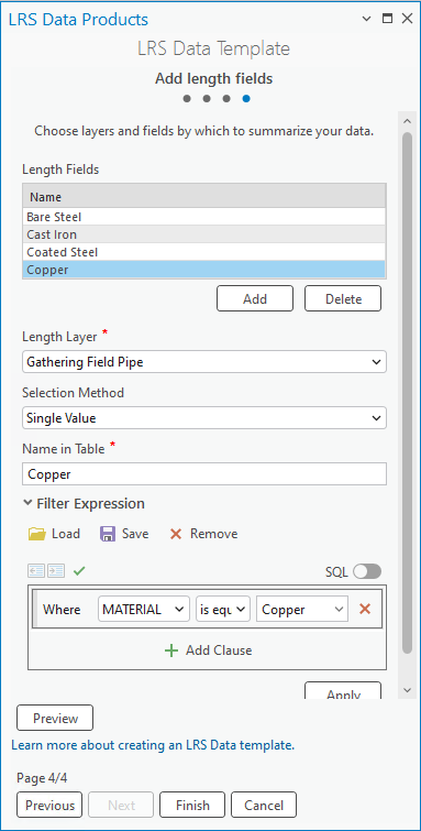 Unique values are added as length fields with the corresponding name and filter expression.