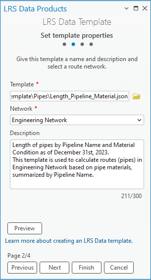 Template properties are set in the second pane of the LRS Data Template wizard.