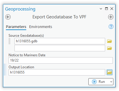 Geoprocessing pane for Export Geodatabase To VPF tool