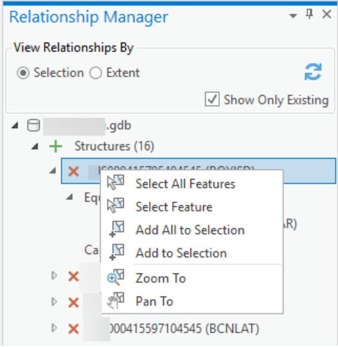 Relationship Manager pane with relationships listed under the Structures node