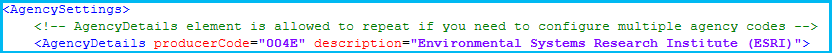 The AgencyDetails with the producer code and description values populated in the AgencyDetails.xml file The AgencyDetails with the producer code and description values populated in the AgencyDetails.xml file