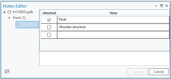 Notes Editor pane with an unchecked check box next to the note that will be detached from the selected feature or features