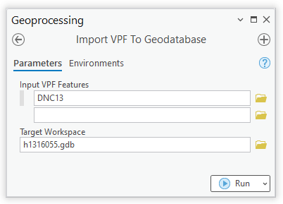 Import VPF To Geodatabase tool with Input VPF Features and Target Workspace values