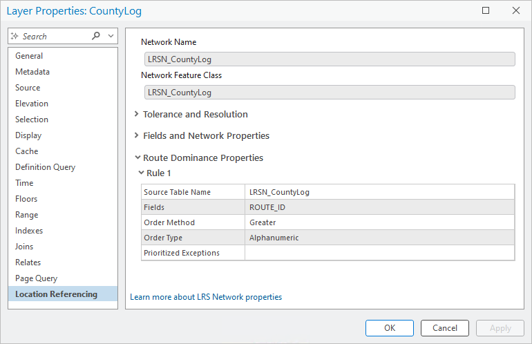 Route Dominance Properties section on the Location Referencing tab of the Layer Properties dialog box