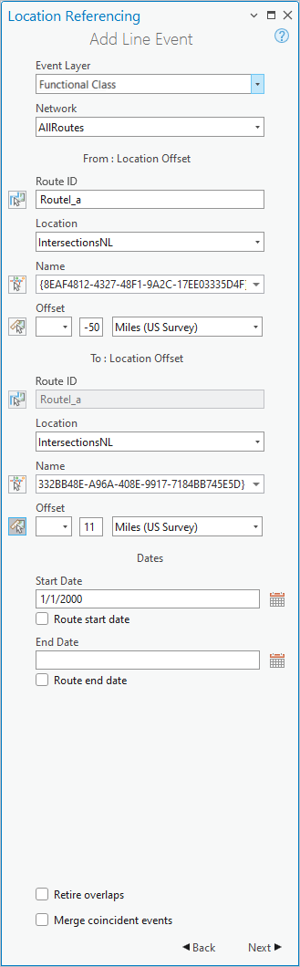 Add Line Event pane with Location Offset sections