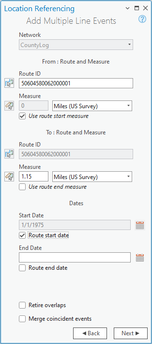 Add Multiple Line Events pane with route and measure fields