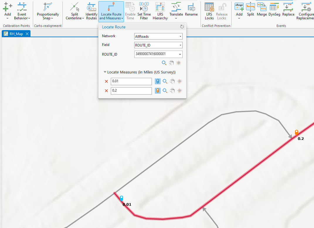 Locate Route dialog box after measure markers are set