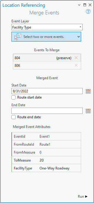 Merge Events pane after event features in the Event Layer are selected