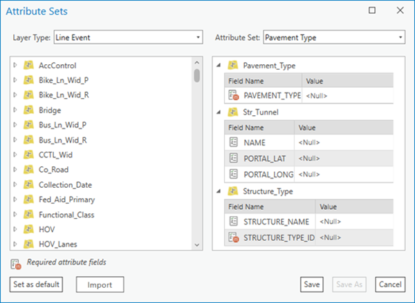 Attribute Sets dialog box with custom attribute set