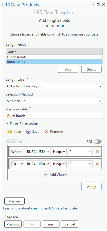 Multiple length fields are set in the fourth pane of the LRS Data Template wizard