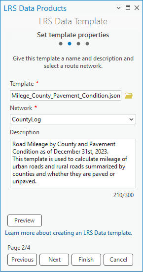 Template properties are set in the second pane of the LRS Data Template wizard