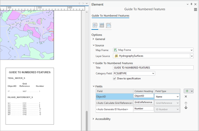 ArcGIS Pro Element pane for a Guide To Numbered Features element with the element in view on a layout