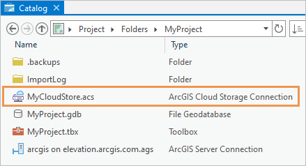 A cloud storage connection in a catalog view