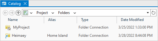 Catalog view showing a folder connection name and alias