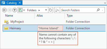 Catalog view showing an alias with disallowed characters