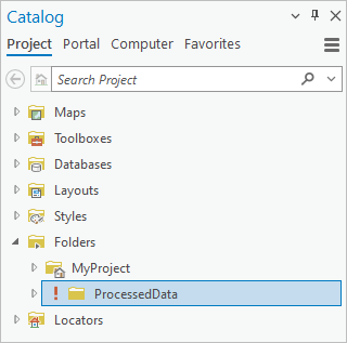 Catalog pane with an invalid folder connection