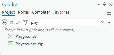 Catalog pane with partial search results