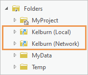 Two folder connections with aliases in the Catalog pane