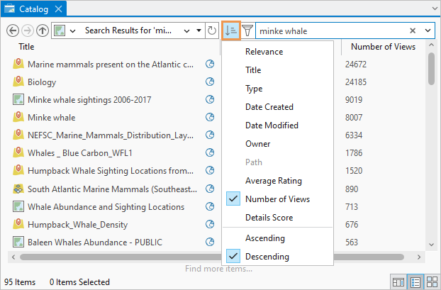 Catalog view showing drop-down options on the Sort button