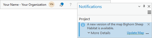 Notifications button and a notification in the Notifications pane