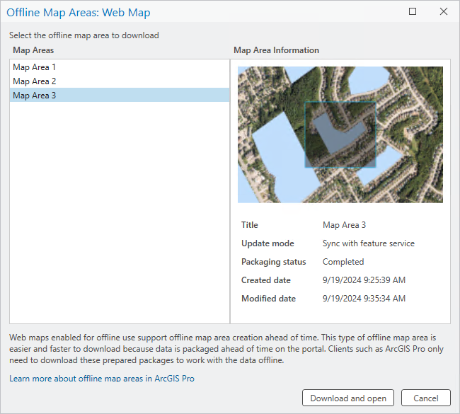 Offline Map Areas dialog box selection window with three available map areas