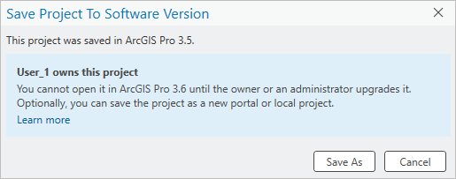 Save Project To Software Version message box for a user other than the project owner