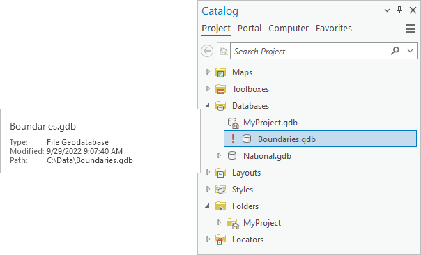 Catalog pane displaying an invalid database connection
