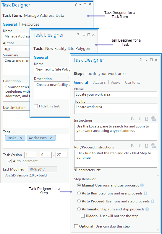 Task Designer pane for a task item, task, and step