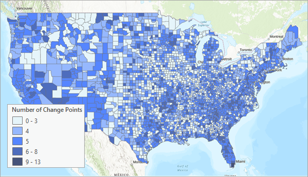 Output of number of change points at each location