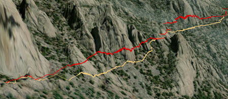 Two proposed hiking trails on a mountainside