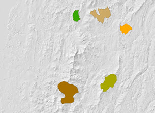 Map of five input destinations displayed on a hillshade