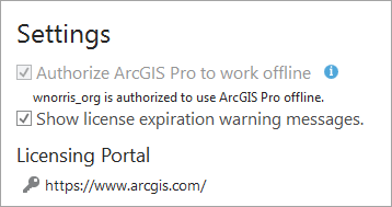 Ajuste Autorizar ArcGIS Pro para funcionar sin conexión