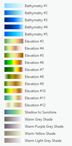 Esquemas de color de batimetría y elevación