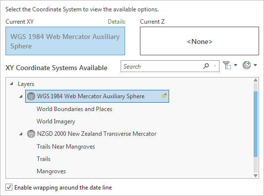 Cuadro de diálogo Propiedades del mapa con Web Mercator como Sistema XY actual