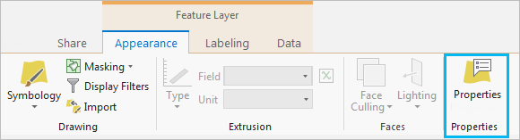 Pestaña Apariencia en la cinta con el grupo Propiedades y el botón Propiedades de capa personalizados