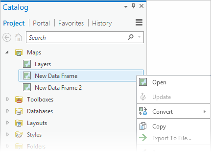 Panel Catálogo con mapas importados que corresponden a varios marcos de datos de ArcMap