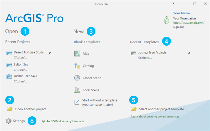 Página de inicio de ArcGIS Pro