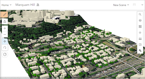 Escena web en Scene Viewer en ArcGIS Online.