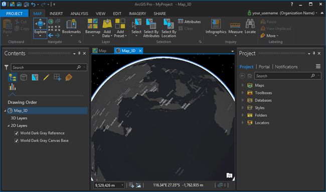 Se abre el tema Oscuro de ArcGIS Pro