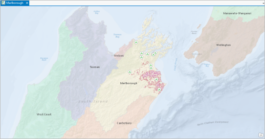 Mapa de Nueva Zelanda por regiones centrado en Marlborough