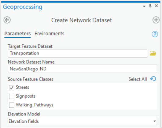 Cuadro de diálogo de la herramienta de geoprocesamiento Crear dataset de red