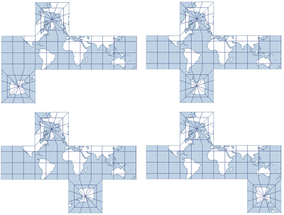Ejemplos de la proyección Cubo con las opciones 4-7, respectivamente