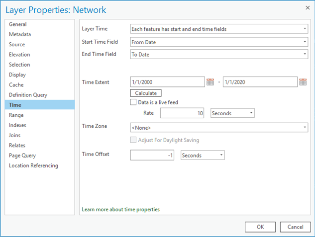 Layer Properties dialog box, Time tab.