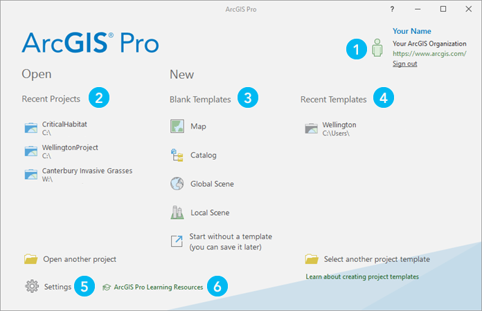 Página de inicio de ArcGIS Pro