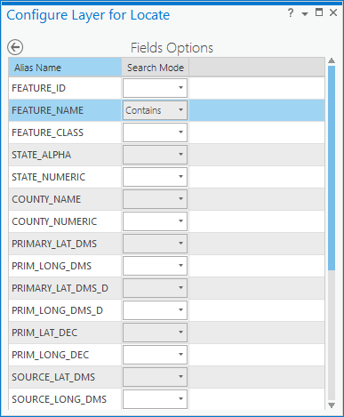 Se ha configurado el localizador de capas para que FEATURE_NAME utilice el modo de búsqueda Contiene.