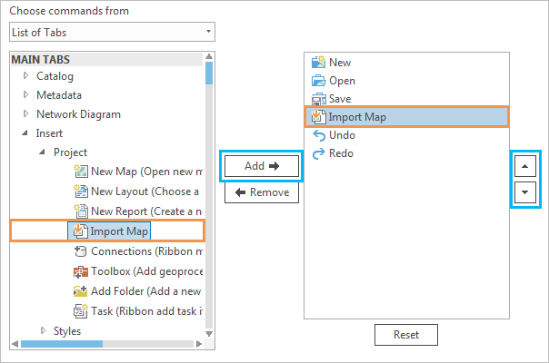 Cuadro de diálogo de la Barra de herramientas de acceso rápido con el comando Importar mapa seleccionado y agregado