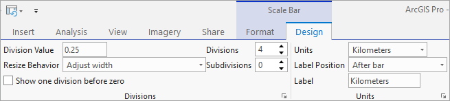 Propiedades de la barra de escala en la pestaña Diseño de la cinta